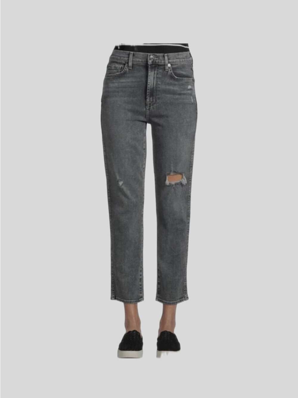 7 For All Mankind Cropped High-Rise Ripped Grey Jeans